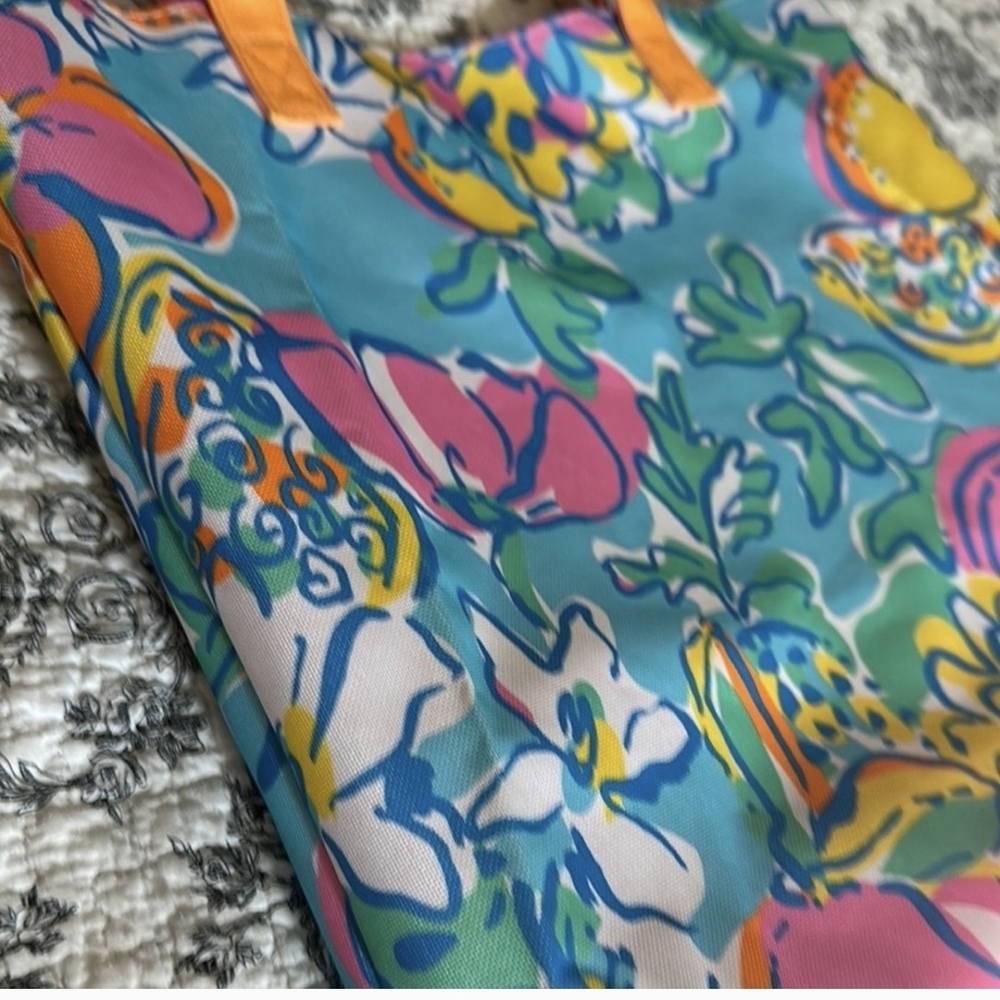 Lilly Pulitzer Blue Floral Tote Bag with Orange Handles - Picture 3 of 6